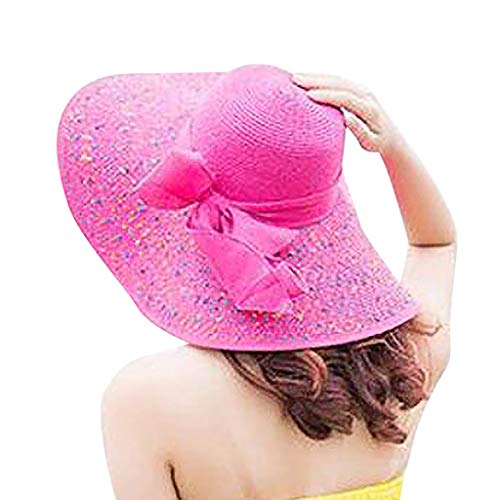 MINGCHE Sonnenhut Strandhut Mütze Sandy Beach Sonnenhüte Strohhut,Frauen Bunte große Krempe Stroh Bogen Hut Sonne Floppy Wide Brim Hats Beach Cap, Hot Pink, Einheitsgröße von MINGCHE