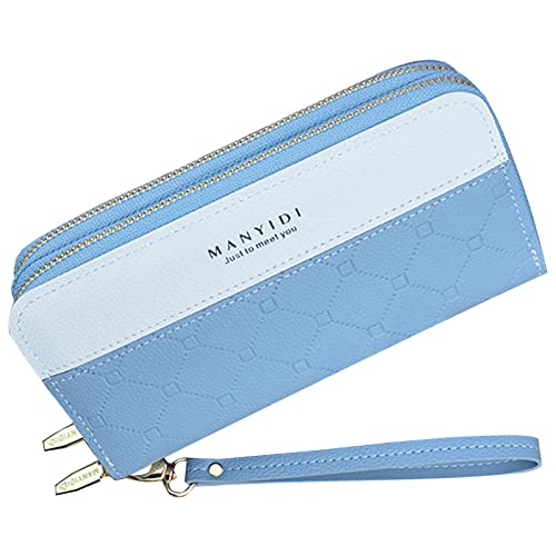 MINGHOO Damen Geldbörse Damen Doppeltem Reißverschluss Geldbörse PU Leder Telefon Geldbörse Frauen Große Kapazität Clutch Portemonnaie Bringen Mehreren Kartensteckplätzen Armband Geldbörse, Blau3 von MINGHOO