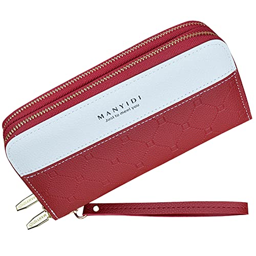 MINGHOO Damen Geldbörse Damen Doppeltem Reißverschluss Geldbörse PU Leder Telefon Geldbörse Frauen Große Kapazität Clutch Portemonnaie Bringen Mehreren Kartensteckplätzen Armband Geldbörse, Rot3 von MINGHOO