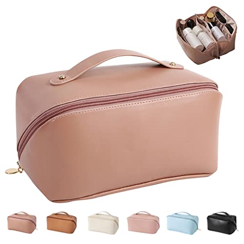 Große Kapazität Reise-Kosmetiktasche für Damen, Make-up-Tasche, Reisetasche, PU-Leder, Kosmetiktasche, wasserdicht, multifunktionale Aufbewahrung, Reise-Kulturbeutel, rosa,soft pink von MINGRI