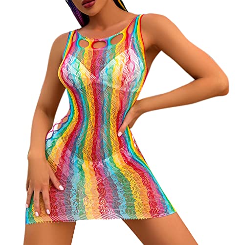 Damen Sexy Regenbogen Gestreifte Mesh Durchsichtig Body Bademode Bikini Cover Ups Badeanzug Rave Festivals Outfits, Farbenfrohes Kleid, Einheitsgröße von MINGSEECESS