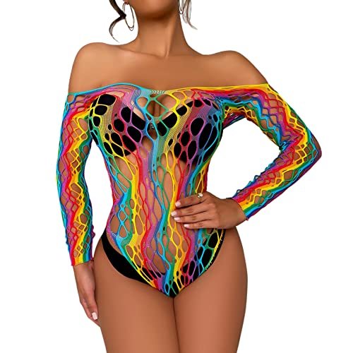 Damen Sexy Regenbogen Gestreifte Mesh Durchsichtig Body Bademode Bikini Cover Ups Badeanzug Rave Festivals Outfits, bunt, Einheitsgröße von MINGSEECESS