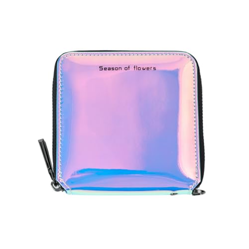 MINGSEECESS Damen Bifold Leder Kleine Geldbörse Glänzend Holografischer Reißverschluss Kartenhalter Münzwechsel Geldbörse Clutch Geldbörse mit 2 Riemen, Holographisch-lila, Einheitsgröße von MINGSEECESS