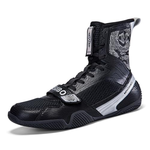 MINGSIBO Ringerschuhe für Männer,Unisex Boxschuhe, professionelle Wettkampftrainingsschuhe,atmungsaktive,Kampf und Kampfschuhe Boxing Shoes,Schwarzes Silber EU39 von MINGSIBO