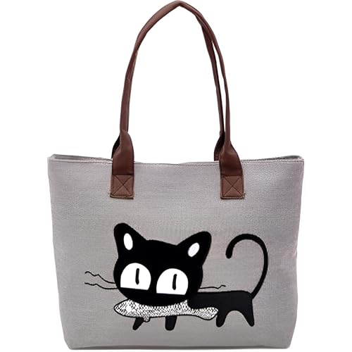 MINGZE Frauen Schulter Beutel, Segeltuch Tasche Maedchen Niedliche Katze fressen Fische Einkaufstaschen Handtaschen Strand Taschen Handtaschen (Hellgrau) von MINGZE