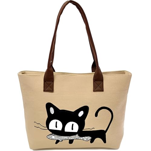 MINGZE Frauen Schulter Beutel, Segeltuch Tasche Maedchen Niedliche Katze fressen Fische Einkaufstaschen Handtaschen Strand Taschen Handtaschen (Khaki) von MINGZE