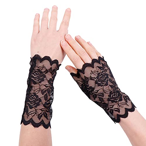 MINGZE Spitzen Handschuhe, Frauen Handgelenk Länge Halbe Fingerhandschuhe, Sexy Braut Hochzeit Blumenspitze Fingerlose Handschuhe UV Schutz Kostüm Handschuhe (Schwarz, Fingerlos) von MINGZE