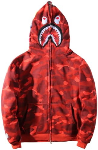 MINIDORA Jacke Shark Hoodie Hai Tarnung Kapuzenpullover mit Taschen für Herren Mode Sweatshirt Unisex L,Rot von MINIDORA