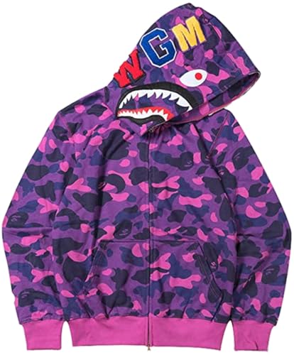 MINIDORA Hoodie Herren Kapuzenpullover 3D gedruckt Pullover Langarm Zipper TarnungShark Mode Streetwear M,Violett Strickjacke von MINIDORA