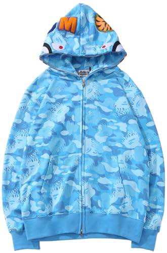 MINIDORA Jungen Kapuzenpullover Hooded Reißverschluss Jacket Glatter Stoff mit Hai Gedruckt XL,Blau von MINIDORA