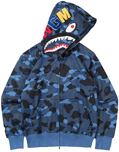 MINIDORA Jungen Kapuzenpullover Hooded Reißverschluss Jacket Glatter Stoff mit Hai Gedruckt L,Navy Blau von MINIDORA