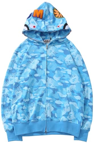 MINIDORA Jungen Kapuzenpullover Hooded Reißverschluss Jacket Glatter Stoff mit Hai Gedruckt S,Blau von MINIDORA