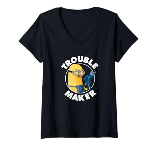 Damen Despicable Me Minions Tim Troublemaker White Text T-Shirt mit V-Ausschnitt von MINIONS