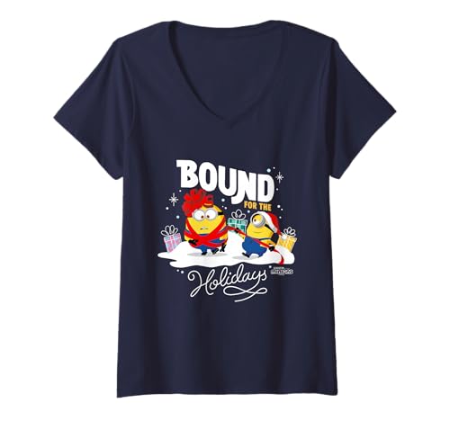 Damen Minions Bound for The Holidays Festive T-Shirt mit V-Ausschnitt von MINIONS