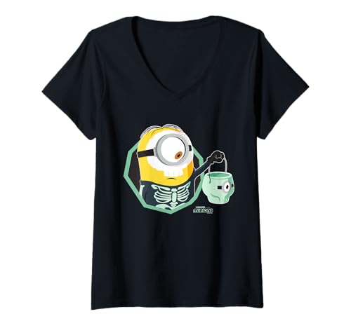 Damen Minions Stuart Skeleton Costume with Bucket T-Shirt mit V-Ausschnitt von MINIONS