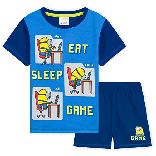 MINIONS Sommer Schlafanzug Jungen, Kurzes Pyjama Set mit T-Shirt & Schlafshorts (Blau, 9-10 Jahre) von MINIONS
