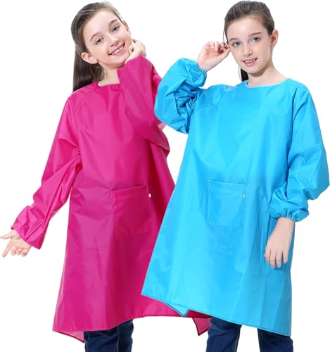 MINIQ Kinder-Kittel, Malschürze für Kleinkinder, Künstlerkittel mit Tasche und langen Ärmeln, langer Abschnitt, wasserdicht, Blau/Rosa, XXXL for Age 8-14 von MINIQ