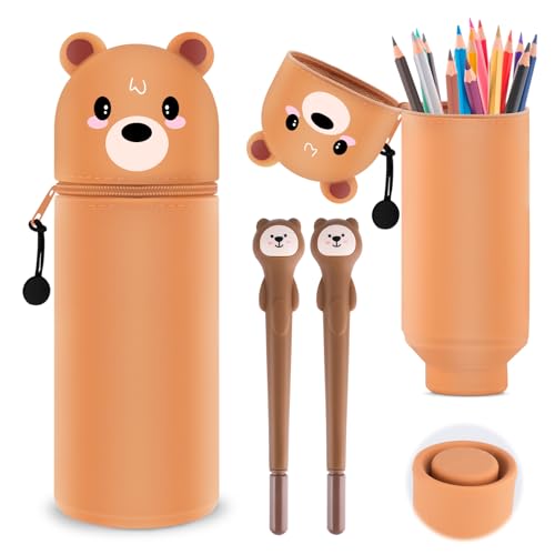 Kawaii Federmäppchen 2 in 1 Schlampermäppchen mit 2 Stiften,Kawaii Stiftehalter Silikon Federmäppchen,Teleskopisch Ständer Up Karikatur Federmäppch für Teenager, Mädchen, Schul Büro,Braunbär von MINISOISO