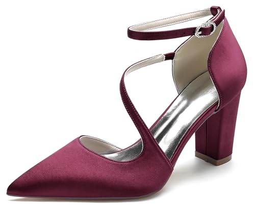 MINITOO Abend Kleid Schuhe fur Damen Klobiger Absatz Riemchen Hochzeits Pumps MY029 Weinrot EU 39 von MINITOO