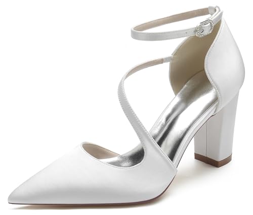 MINITOO Abend Kleid Schuhe fur Damen Klobiger Absatz Riemchen Hochzeits Pumps MY029 Weiß EU 38 von MINITOO