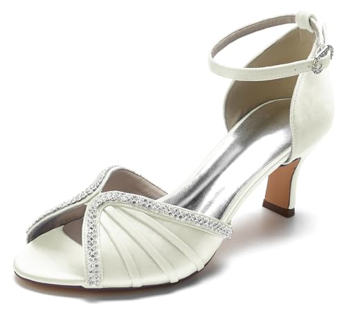 MINITOO Abend Kleid Schuhe fur Damen Niedriger Absatz Ruched Hochzeits Sandalen mit Strass MY076 Ivory EU 43 von MINITOO