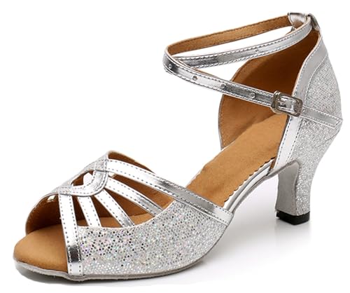 MINITOO Bequem Frauen Latin Salsa Schuhe Glitzer Abend Hochzeit Sandalen X025 Silber 6cm Absatz EU 37 von MINITOO