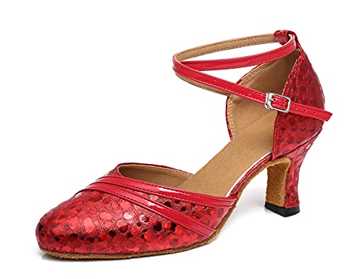 MINITOO Bequeme Tanzschuhe für Damen mit Punkten, mittelhoher Absatz, zum Üben und Tanzen, L476, rot, 38.5 EU von MINITOO