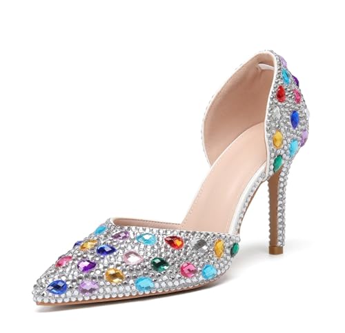 MINITOO Braun Hochzeits Schuhe fur Damen Schlüpfen Abend Party Pumps J002 Silver Rhinestones EU 37.5 von MINITOO