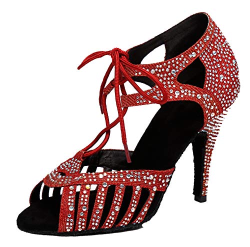 MINITOO Damen Ballroom Tanzschuhe mit Strass Abend Hochzeit Sandalen Schuhe L387 Rot 10cm Absatz EU 41 von MINITOO