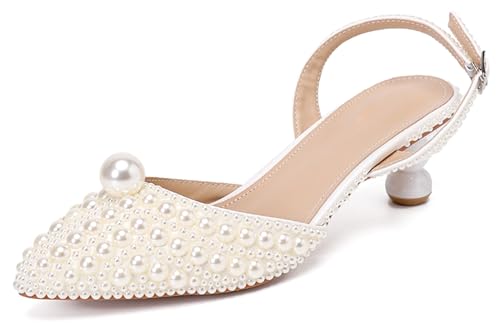 MINITOO Damen Bequem Hochzeits Schuhe mit Absatze Slingback Abend Party Pumps H005 Ivory Jeweled EU 37.5 von MINITOO