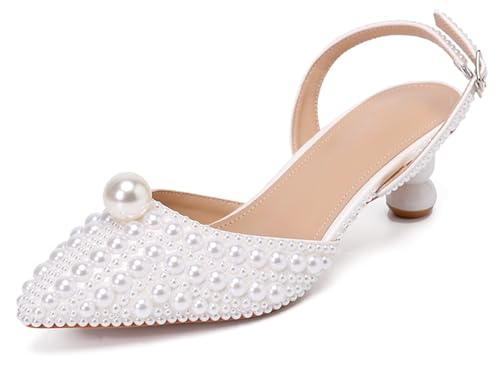 MINITOO Damen Bequem Hochzeits Schuhe mit Absatze Slingback Abend Party Pumps H005 White Jeweled EU 41.5 von MINITOO