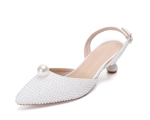 MINITOO Damen Bequem Hochzeits Schuhe mit Absatze Slingback Abend Party Pumps H006 White Jeweled EU 36.5 von MINITOO