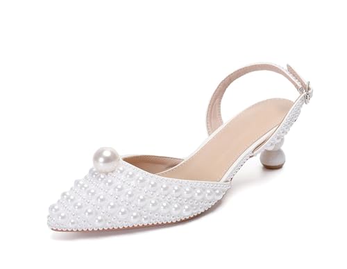 MINITOO Damen Bequem Hochzeits Schuhe mit Absatze Slingback Abend Party Pumps H007 White Jeweled EU 41 von MINITOO