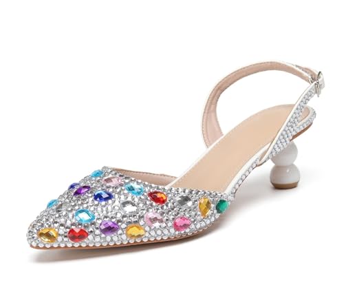 MINITOO Damen Bequem Hochzeits Schuhe mit Absatze Slingback Abend Party Pumps H008 Silver Diamonds EU 37.5 von MINITOO