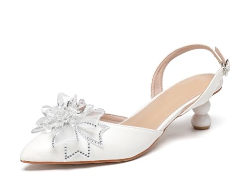 MINITOO Damen Bequem Hochzeits Schuhe mit Absatze Slingback Abend Party Pumps H009 White Flower EU 40 von MINITOO