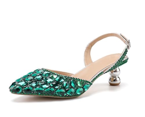 MINITOO Damen Bequem Hochzeits Schuhe mit Absatze Slingback Abend Party Pumps H010 Green Diamonds EU 36 von MINITOO