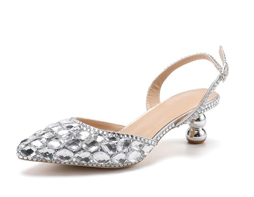 MINITOO Damen Bequem Hochzeits Schuhe mit Absatze Slingback Abend Party Pumps H010 Silver Diamonds EU 38.5 von MINITOO