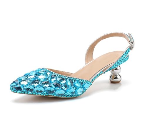 MINITOO Damen Bequem Hochzeits Schuhe mit Absatze Slingback Abend Party Pumps H010 Turquoise Diamonds EU 40.5 von MINITOO