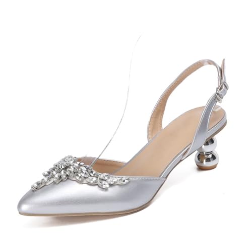 MINITOO Damen Bequem Hochzeits Schuhe mit Absatze Slingback Abend Party Pumps H011 Silver Applique EU 38.5 von MINITOO