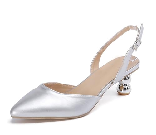 MINITOO Damen Bequem Hochzeits Schuhe mit Absatze Slingback Abend Party Pumps H013 Silver Solid EU 39.5 von MINITOO