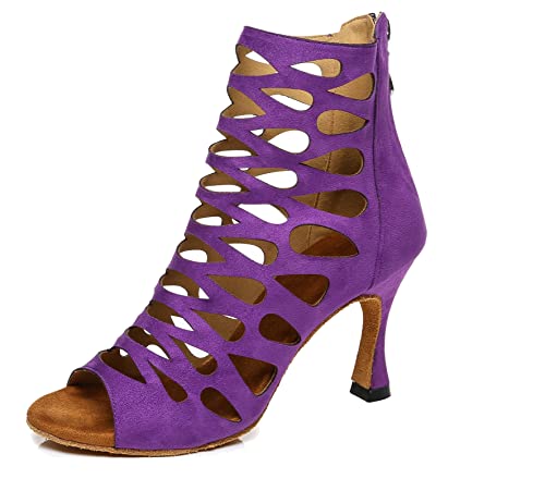 MINITOO Damen Bequeme Tanzschuhe Reibverschluss Abend Prom Stiefeletten Sandalen L455 Violett 9cm Absatz EU 38.5 von MINITOO