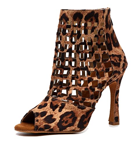 MINITOO Damen Bequeme Tanzschuhe Reibverschluss Abend Prom Stiefeletten Sandalen L501 Leopard 10cm Absatz EU 39.5 von MINITOO