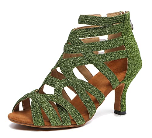 MINITOO Damen Bequeme Tanzschuhe Reibverschluss Abend Prom Stiefeletten Sandalen L521 Grün 7.5cm Absatz EU 39.5 von MINITOO