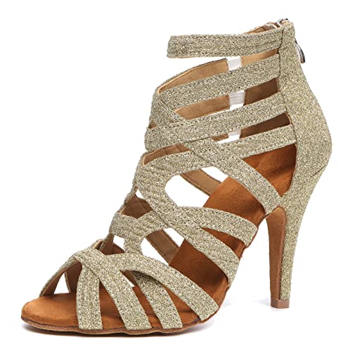 MINITOO Damen Bequeme Tanzschuhe Reibverschluss Abend Prom Stiefeletten Sandalen L521 Helles Gold 10cm Absatz EU 38 von MINITOO