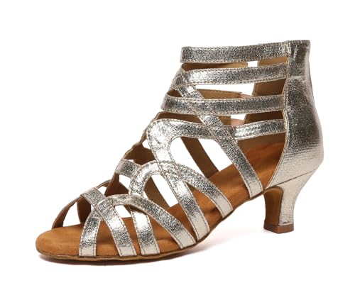 MINITOO Damen Bequeme Tanzschuhe Reibverschluss Abend Prom Stiefeletten Sandalen L601 Helles Gold 5cm Absatz EU 39 von MINITOO