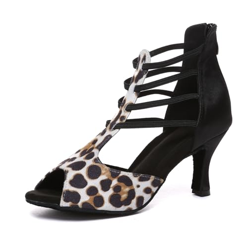 MINITOO Damen Bequeme Tanzschuhe Reibverschluss Abend Prom Stiefeletten Sandalen L616 Leopard 7.5cm Absatz EU 38 von MINITOO