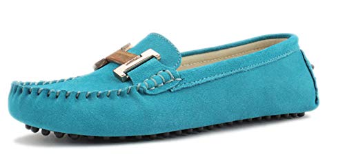 MINITOO Damen Casual Fahren Schuhe Metallic Streifen Wildleder Loafers Flats Bequeme Mokassins, Blau - blau - Größe: 39 EU von MINITOO