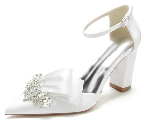 MINITOO Damen Elegant Party Schuhe Klobiger Absatz Braut Hochzeits Pumps mit Schleifen MY032 Weiß EU 39 von MINITOO