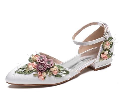 MINITOO Damen Flacheschuhe fur Hochzeits Fesselriemen Abend Prom Schuhe C004 White Flower EU 41.5 von MINITOO