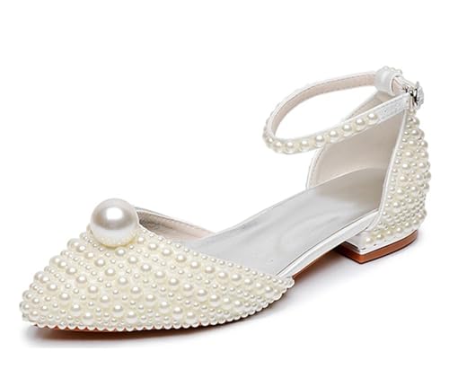 MINITOO Damen Flacheschuhe fur Hochzeits Fesselriemen Abend Prom Schuhe C005 Ivory Pearls Beaded EU 41 von MINITOO
